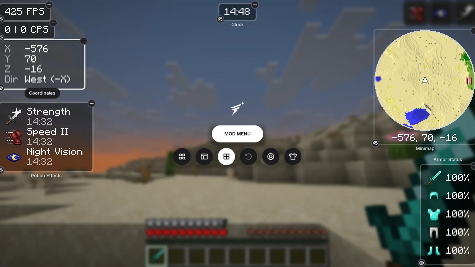 Flick HUD editor with widget handles, labels and the Mod Menu button