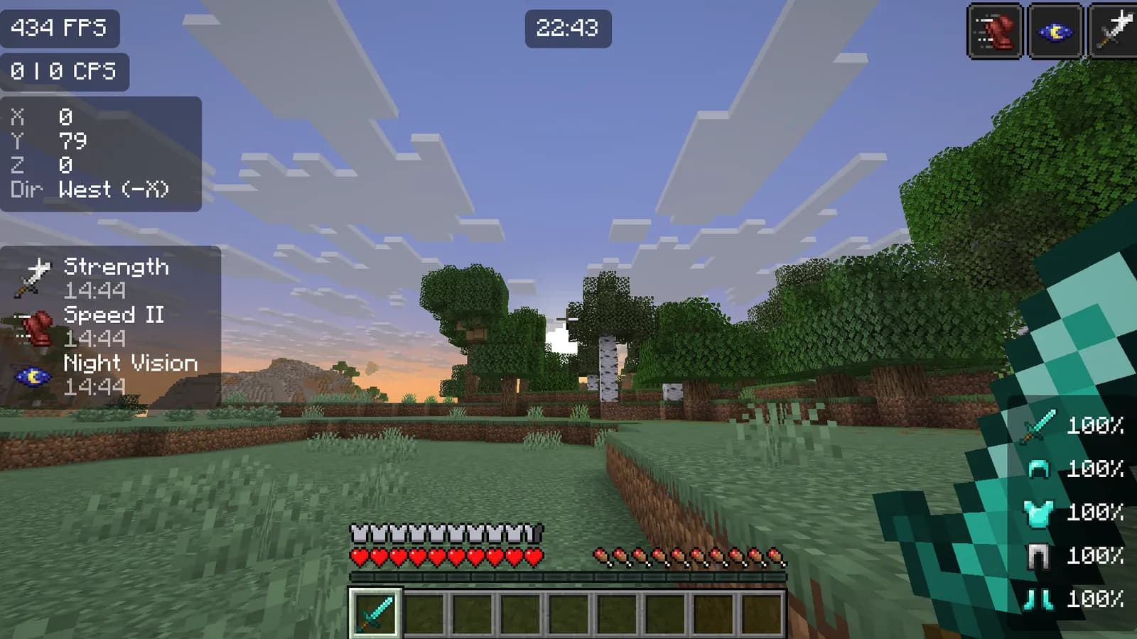 In-game view with Flick HUD widgets: FPS, CPS, coordinates, potion effects, clock and armor status