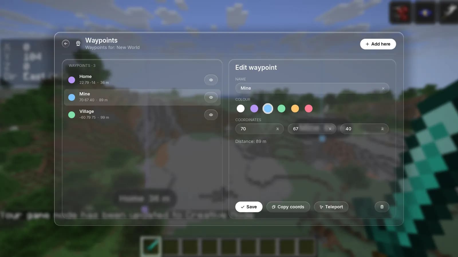 Flick waypoints screen listing Home, Mine and Village with coordinates and distance